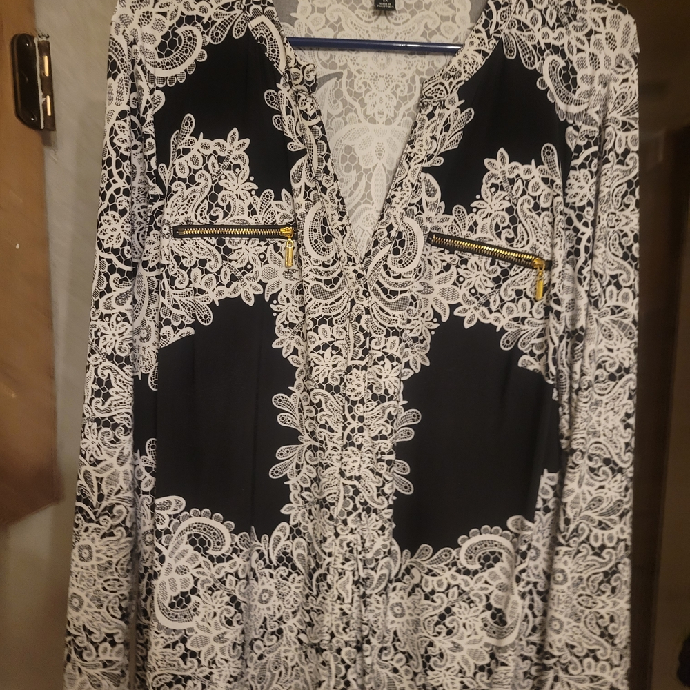 INC International Concepts Black and White Lace Detail Blouse